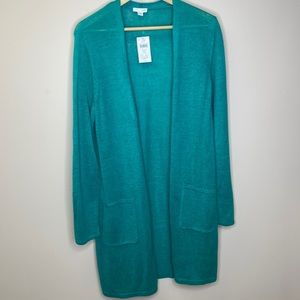 NWT J Jill Linen Blend Teal Color Long Open Cardigan SZ M  light Weight/Coastal